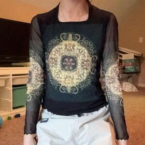 Vintage Y2K renaissance pattern square neck sheer mesh top
